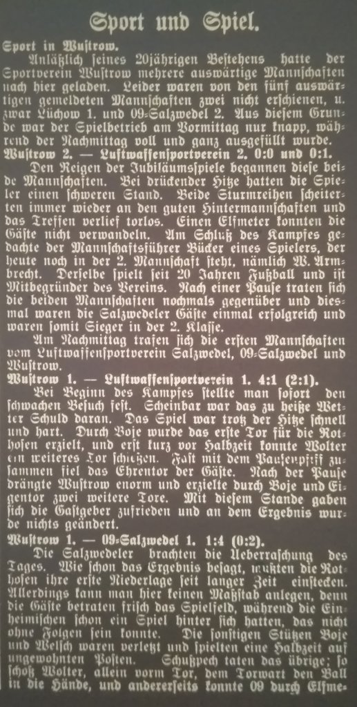 Zeitungsbericht vom Montag 22.06.1936 - 20jährigen Bestehen des SV Wustrow